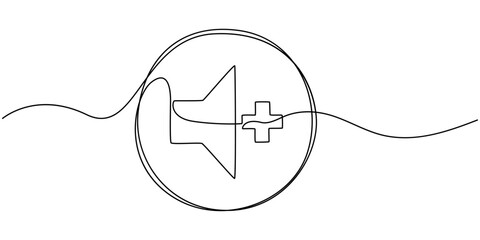 Sound volume plus continuous one line drawing, Media Thin Line Icon - Editable Stroke.