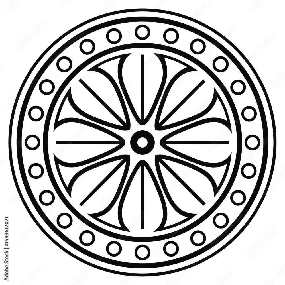 Poster circular geometric design: symmetrical pattern with central motif and outer ring of dots, vector ill