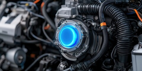 Fototapeta premium hydrogen future mobility concept. Close-up of a futuristic engine component with blue lighting.
