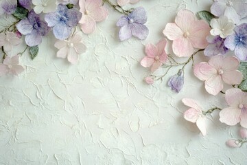 Obraz premium Delicate pastel paper flowers arranged on a textured white background, creating a soft and elegant floral border.