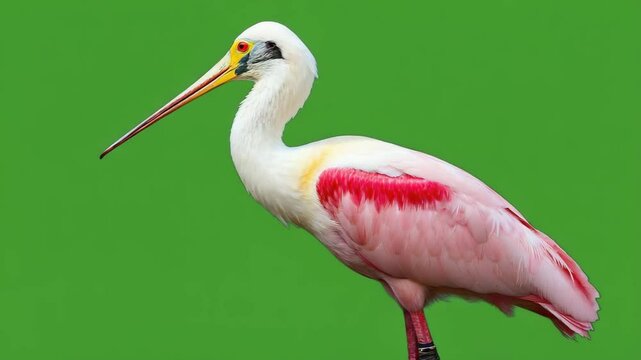 Colorful roseate spoonbill stands gracefully against a vibrant green backdrop