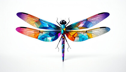 A vibrant, geometric dragonfly illustration showcasing colorful wings and intricate details, set against a clean white background