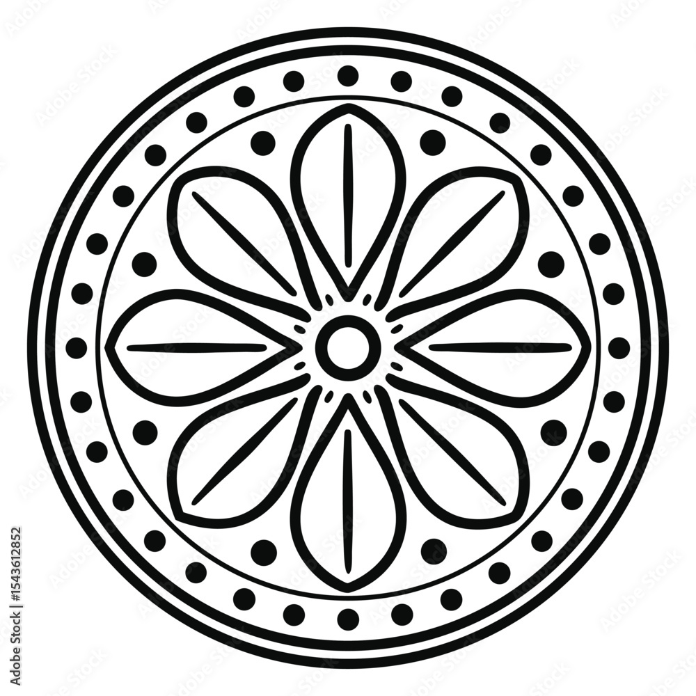 Poster circular floral motif: a symmetrical, vector-based design featuring eight stylized petals radiating 