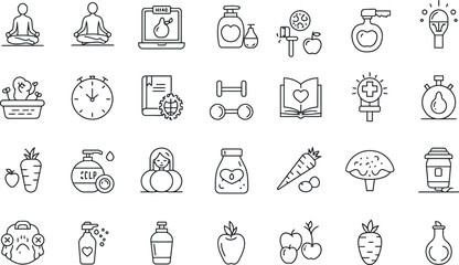 Outline icons of health and wellness: yoga, exercise, nutrition, and relaxation vector illustration