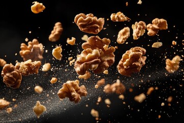 flying walnuts , looks tasty , on black background isolated