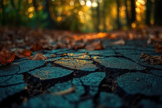 Autumn leaves on a cracked, wet pavement path in a forest setting, with a blurred background. - Powered by Adobe