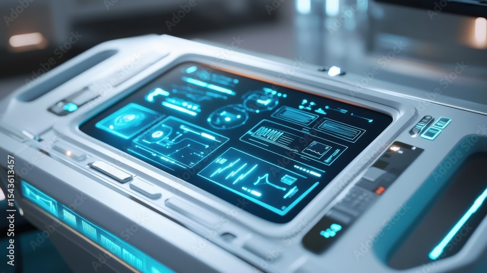 Poster a futuristic control panel displaying data and information