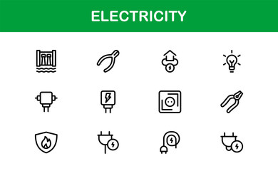 Vector Icon Collection for Electricity Including Lightning Bolts, Power Sources, Energy, Circuit, and Electrical Equipment