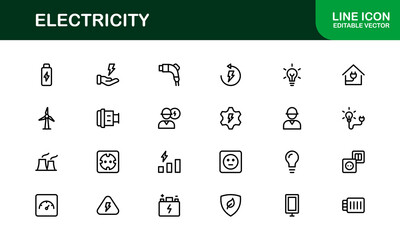 Vector Icon Collection for Electricity Including Lightning Bolts, Power Sources, Energy, Circuit, and Electrical Equipment