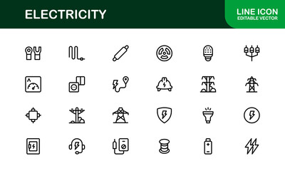 Vector Icon Collection for Electricity Including Lightning Bolts, Power Sources, Energy, Circuit, and Electrical Equipment