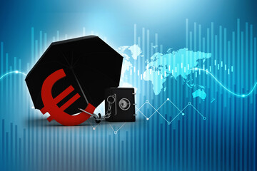 3D rendering euro currency symbol with locker protection umbrella
