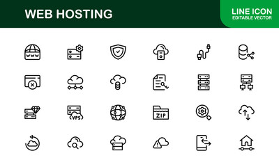 Professional Web Hosting Icons with Server, Domain, and Cloud Elements in Clean Line Art Style