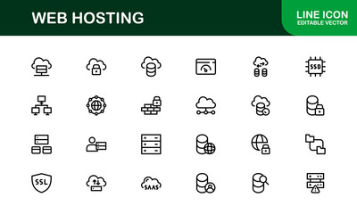 Professional Web Hosting Icons with Server, Domain, and Cloud Elements in Clean Line Art Style