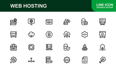 Professional Web Hosting Icons with Server, Domain, and Cloud Elements in Clean Line Art Style