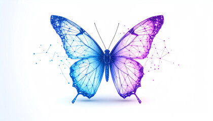 A digital butterfly in vibrant blue and purple hues, composed of geometric lines and dots, representing beauty and technology