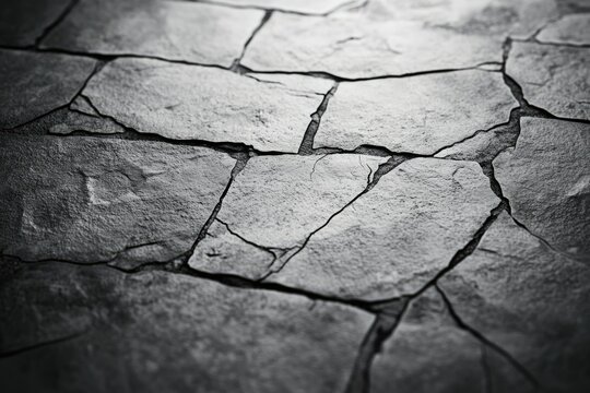 Fototapeta Close-up of a cracked stone pavement, showing texture and detail in monochrome.