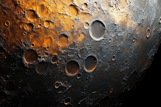 Close-up of a celestial body's cratered surface, showing diverse textures and colors.