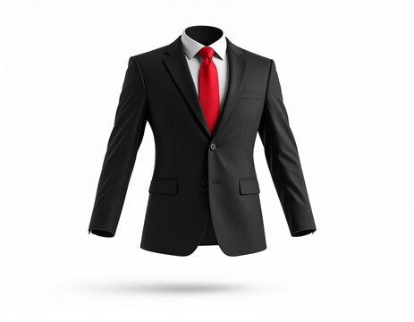 3D render of a formal black suit with red tie floating mid-air, isolated on solid white background