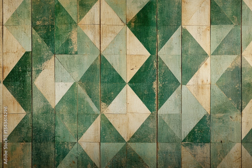 Poster geometric pattern of green and beige tiles with distressed texture creating a vintage aesthetic.
