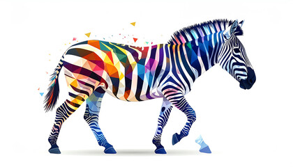 A vibrant, geometric illustration of a zebra, showcasing a blend of colorful patterns and shapes, creating a modern artistic effect