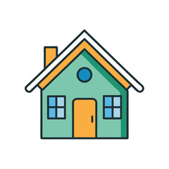 Simple Isolated House Illustration: A charming, single-story home with teal walls, a yellow door, and white roof trim on a clean, bright background. Vector drawing for design use.
