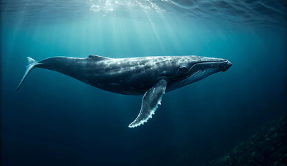 Fototapeta premium Majestic Humpback Whale Gracefully Swimming in the Ocean Depths