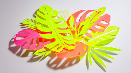 Vibrant neon tropical leaves in a flat lay, radiating bold energy and modern tropical vibes