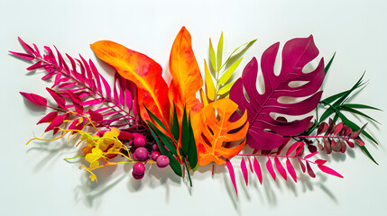 Vibrant neon tropical leaves in a flat lay, radiating bold energy and modern tropical vibes