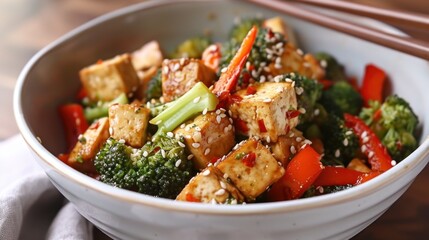 Stir fried tofu and vegetables in bowl