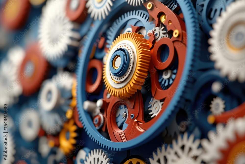 Poster intricate clockwork gears interlock, showcasing precision engineering and complex mechanics in vibra