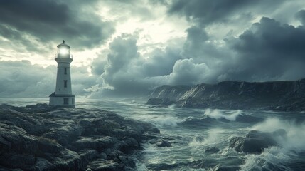 Stormy coastal landscape with lighthouse