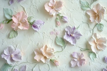 Intricate 3D floral wall art with pastel-colored flowers in a textured background.