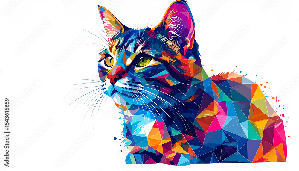 Poster a colorful geometric illustration of a cat, showcasing vibrant hues and angular shapes, creating an 