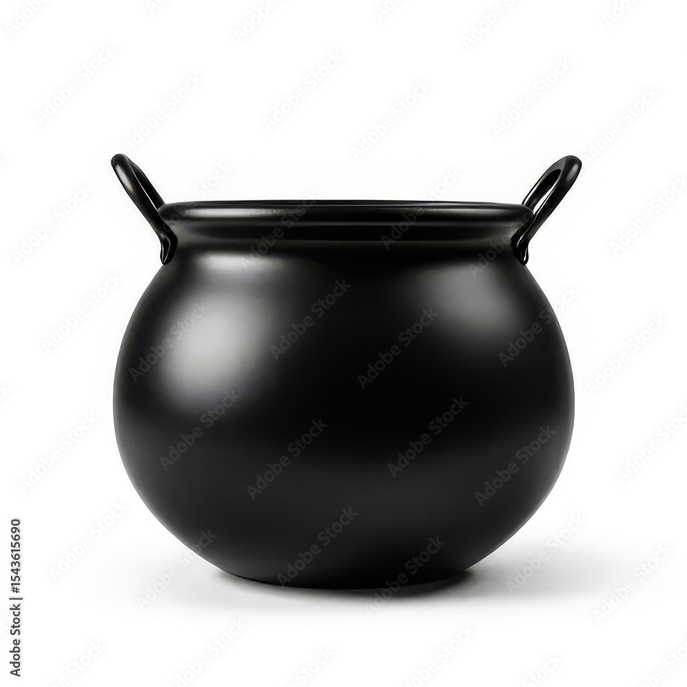 Poster a black pot with a handle sits on a white background. the pot is empty and has a simple design