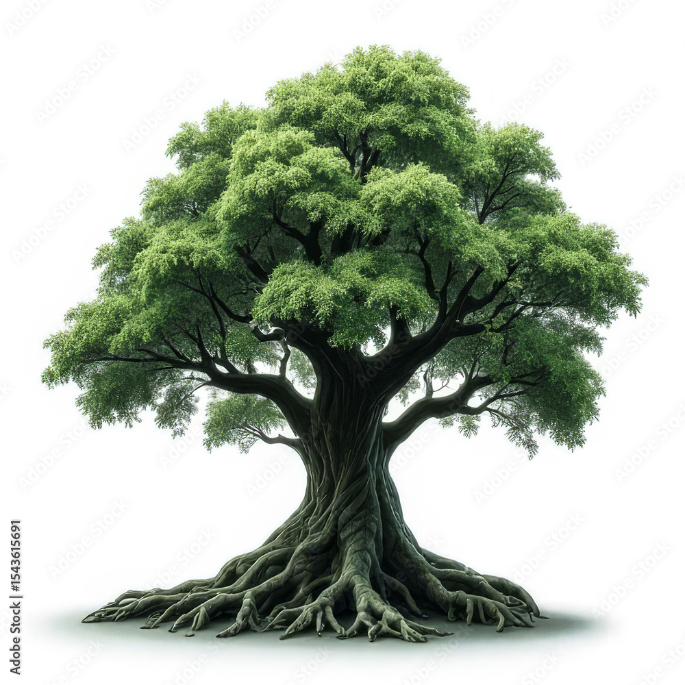Poster a large tree with many branches and roots. the tree is green and he is very old