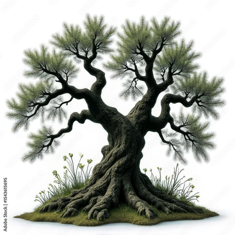 Poster a large tree with a trunk that is twisted and gnarled. the tree is surrounded by grass and he is in 