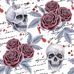 Seamless floral background with red roses, human skulls, splashes of paint, handwritten text, spider and moth. It is painted in watercolor for fabric, wrapping paper, cover, packaging, wallpaper.