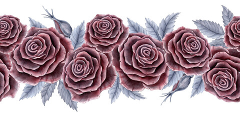 Seamless horizontal border with red roses and grey leaves. Painted in watercolor.