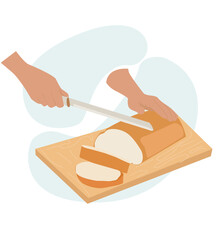 cutting bread on a chopping board.Hands of young person cut crispy bread with knife on a wooden cutting board