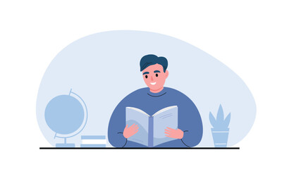 
A student sits at a table with a book in class. The boy is reading. The learning process at school. Vector flat graphics.