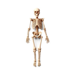 A skeleton is standing on a white background. The skeleton is very thin and has a very pale color