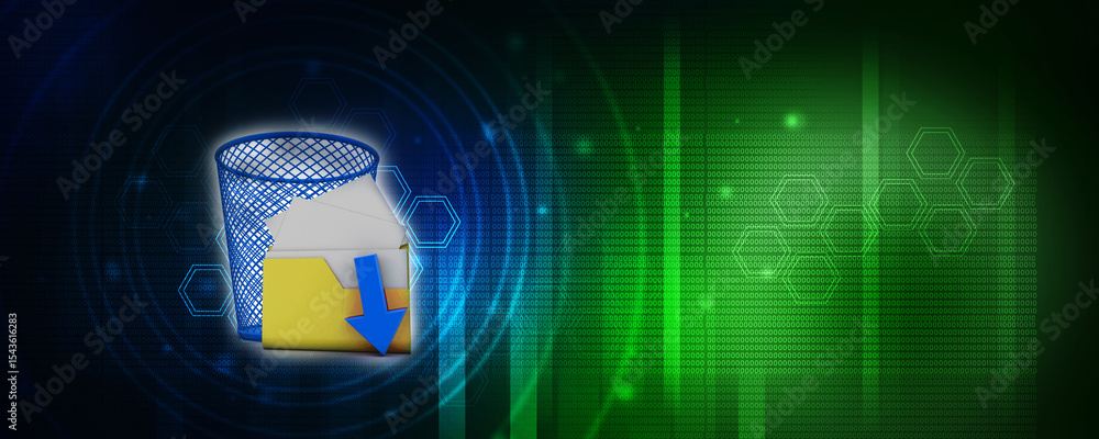 Poster 3d rendering folder with documents in recycle bin