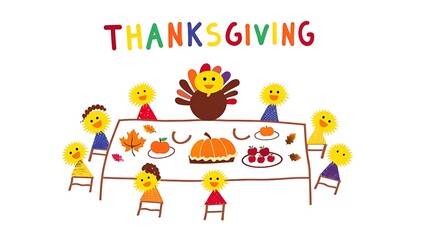 Thanksgiving dinner with cartoon turkey and children at a table with autumn food and colorful text