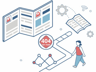 Digital web layout showing failed navigation trail resulting in prominent 404 message display