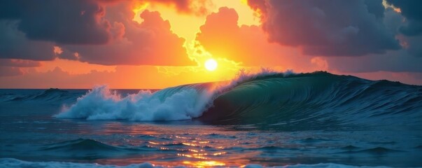 Golden sun dips below dramatic ocean waves, vibrant sky , ray, wave