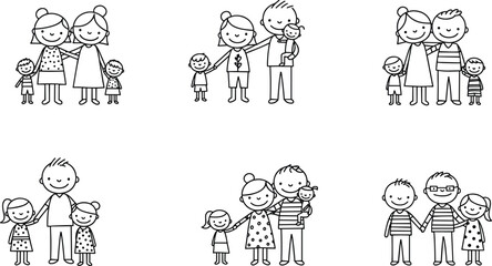 Happy stick figure family collection, cartoon parents with children illustration, diverse family set, parenting concept, hand drawn doodle art, cute line sketch for kids theme.