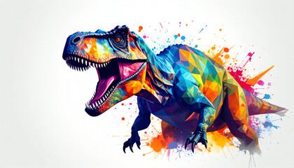 A colorful, geometric depiction of a dinosaur with vibrant splashes of paint, showcasing artistic flair and creativity