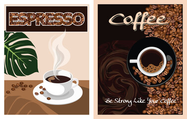 These two graphic illustrations capture the essence of coffee, with one design highlighting a fresh cup of espresso and the other emphasizing the rich abundance of coffee beans