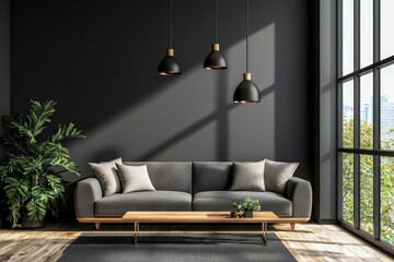 Stylish living room with grey sofa, slim wood coffee table, modern pendant lights, and tall windows with natural sunlight, perfect for real estate or decor advertising