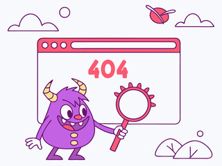 Whimsical cartoon scene showing monster biting browser window with playful 404 message